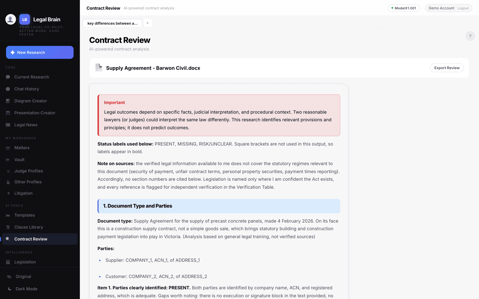 Legal Brain AI contract review of a sample Australian supply agreement, with party names and ACNs anonymised before the document is analysed