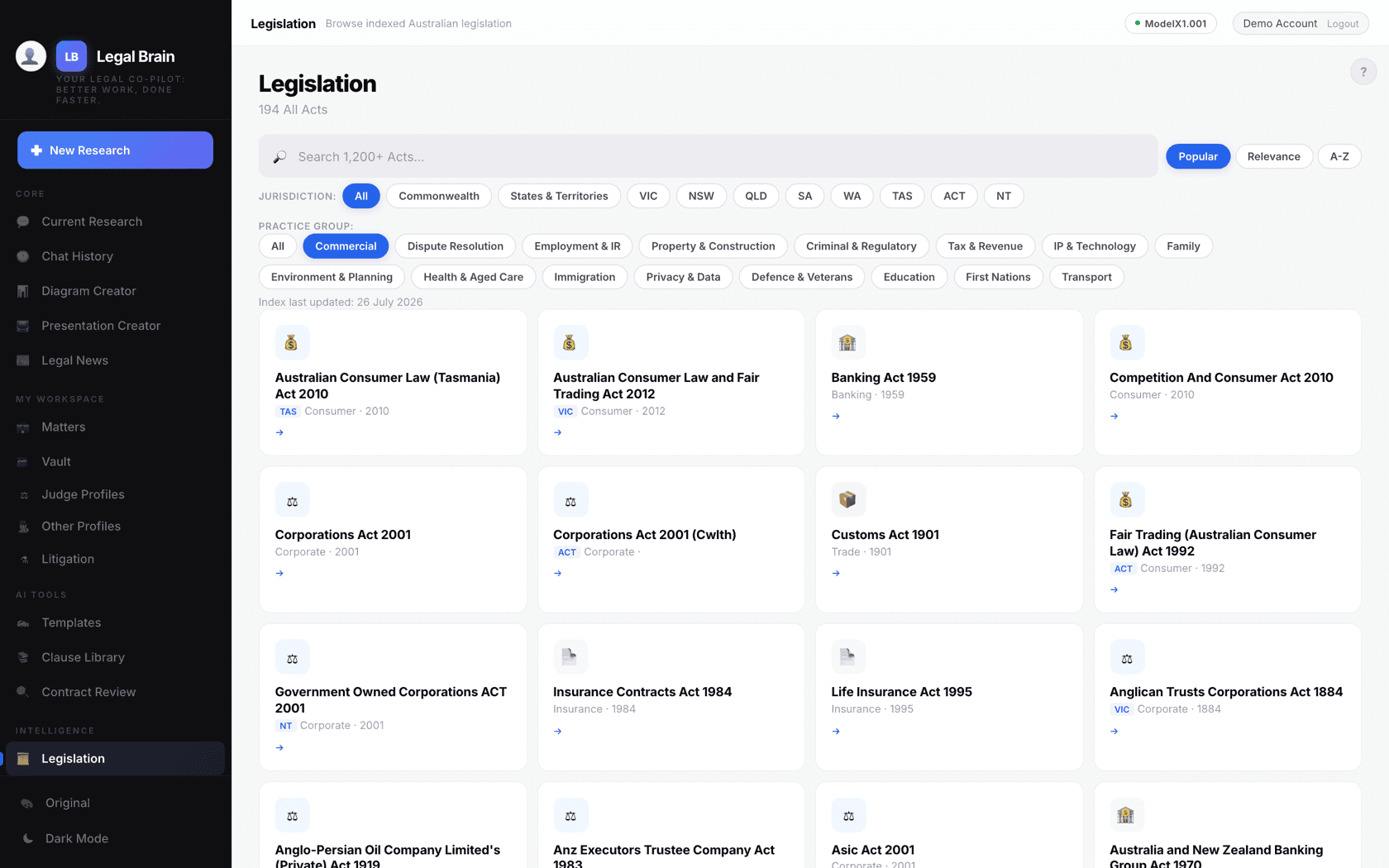 Legal Brain legislation index of Australian Commonwealth, state and territory Acts, filtered to the commercial practice group